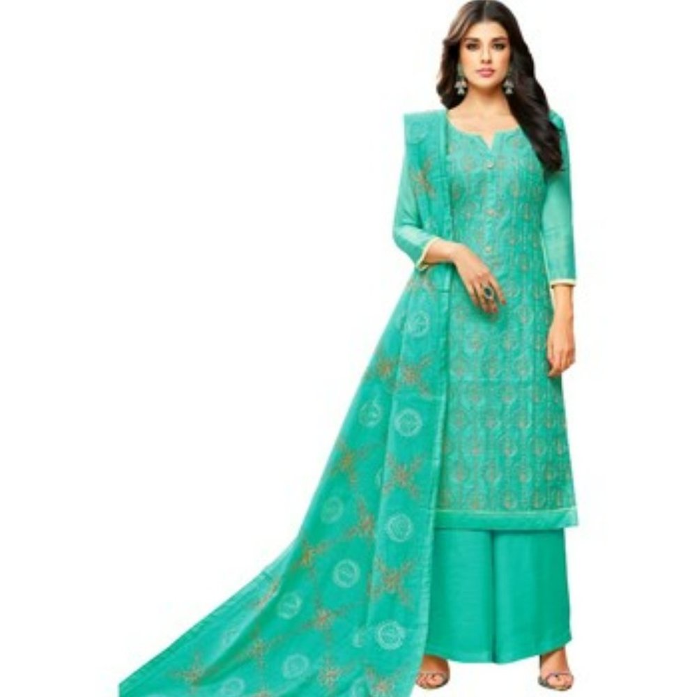 Turquoise Chanderi Women's Palazzo Suit With Heavy Embroidered Dupatta (NWT)